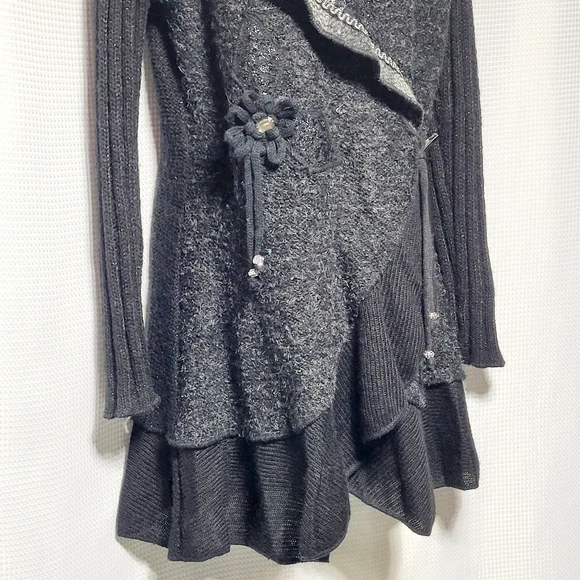 Sioni Women's Cardigan Vintage Inspired Artsy Black Wool & Mohair Blend (L) - Picture 7 of 15